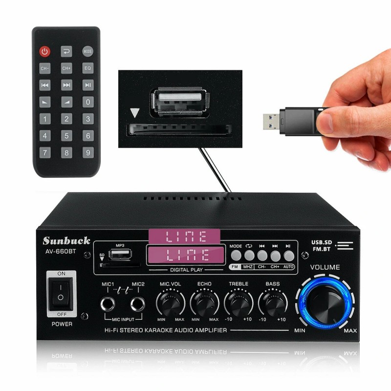 Sunbuck AV-660BT 2000W bluetooth 5.0 audiovahvistin taajuuskorjain stereo autoon kotiin aux usb fm-radio