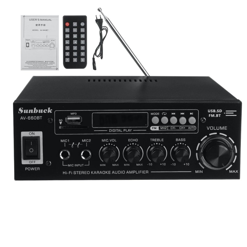 Sunbuck AV-660BT 2000W bluetooth 5.0 audiovahvistin taajuuskorjain stereo autoon kotiin aux usb fm-radio