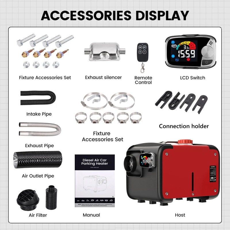 KROAK K-H dieselilmalämmitin 5–8 kW 12/24V termostaatti ja adapteri pakettiautoihin