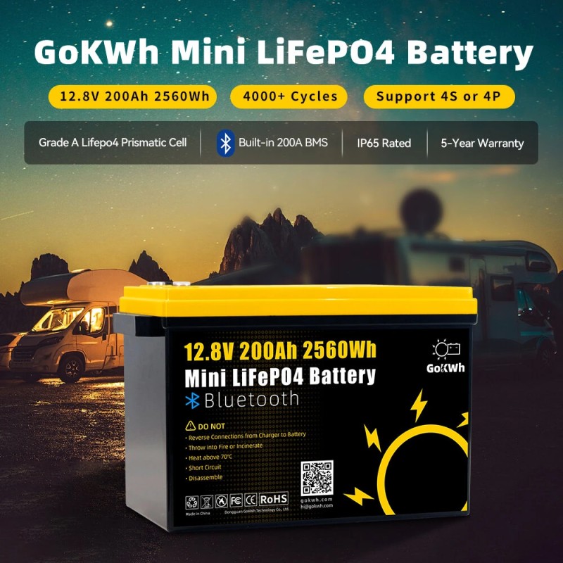 Gokwh 12,8 V 200 Ah minikokoinen LiFePO4-akku sisäänrakennetulla Bluetooth-BMS:llä IP65-suojattu