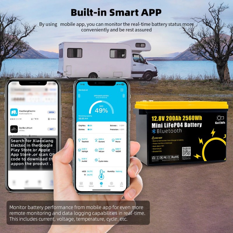 Gokwh 12,8 V 200 Ah minikokoinen LiFePO4-akku sisäänrakennetulla Bluetooth-BMS:llä IP65-suojattu