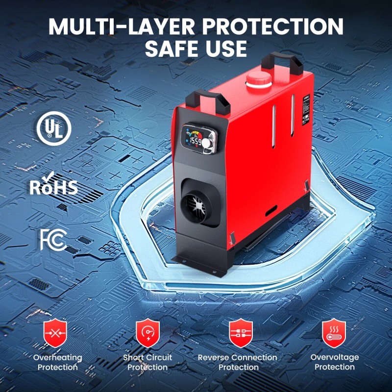 KROAK K-S diesel-ilmanlämmitin 12V/24V 5–8kW termostaatilla ja sovittimella