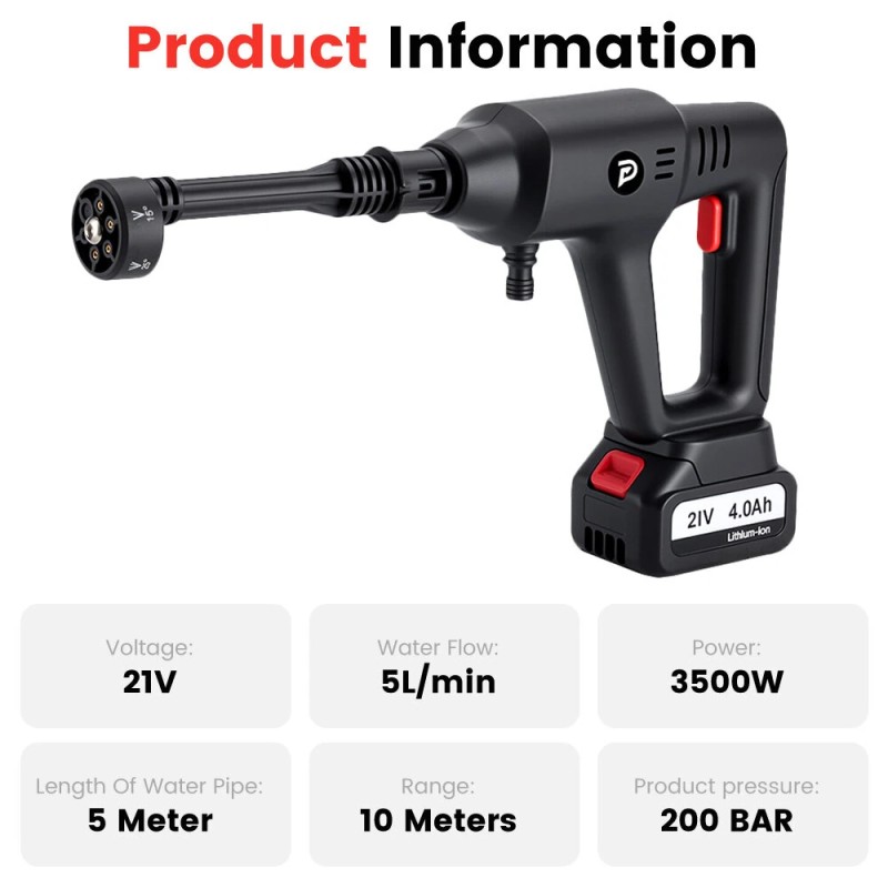 POPDEER PD-W01 langaton autonpesukone 4,0 Ah 200 bar 3500 W kuusitoiminen monitoimisuutin