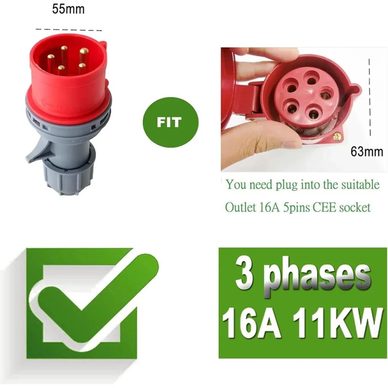 Tyypin 2 sähköauton laturi 11 kW kolmivaiheinen säädettävä 6–16A ajastimella CEE5EE1634Y CEE5EE16310Y