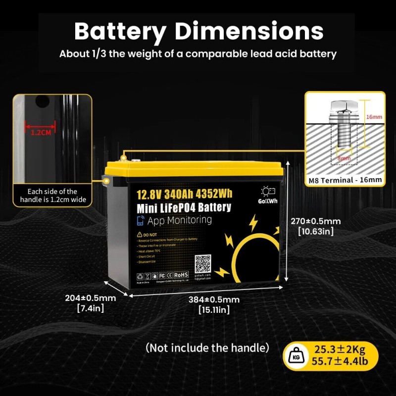 GOKWH 12V 340Ah LiFePO4-kenno akku 4352Wh sisäänrakennetulla 200A langattomalla BMS:llä säilytyslaatikko ajoneuvoon