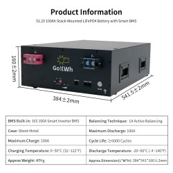 Gokwh 51.2V 100Ah 5120Wh LiFePO4 varavirtalähde Bluetoothilla kotiin, matkailuautoon ja retkeilyyn