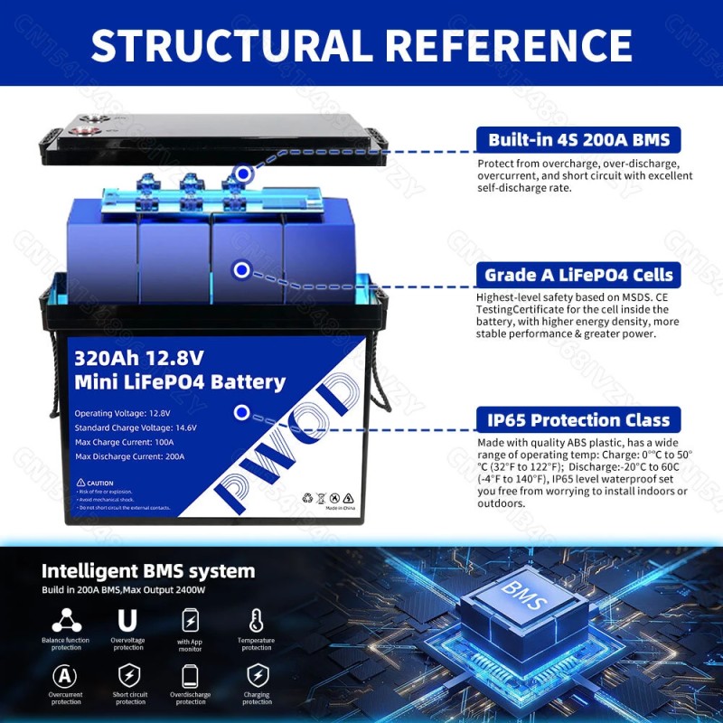 PWOD 12,8V 320Ah 3840Wh kompakti LiFePO4 akku energialaatikko veneelle ja matkailuvaunuun IP65