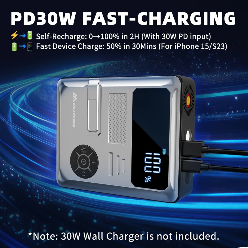 Mudiro 6000 A apukäynnistin ilmakompressorilla 150 PSI:n 30 W pikalataus 2 LED-valoa älykäs näyttö autoihin