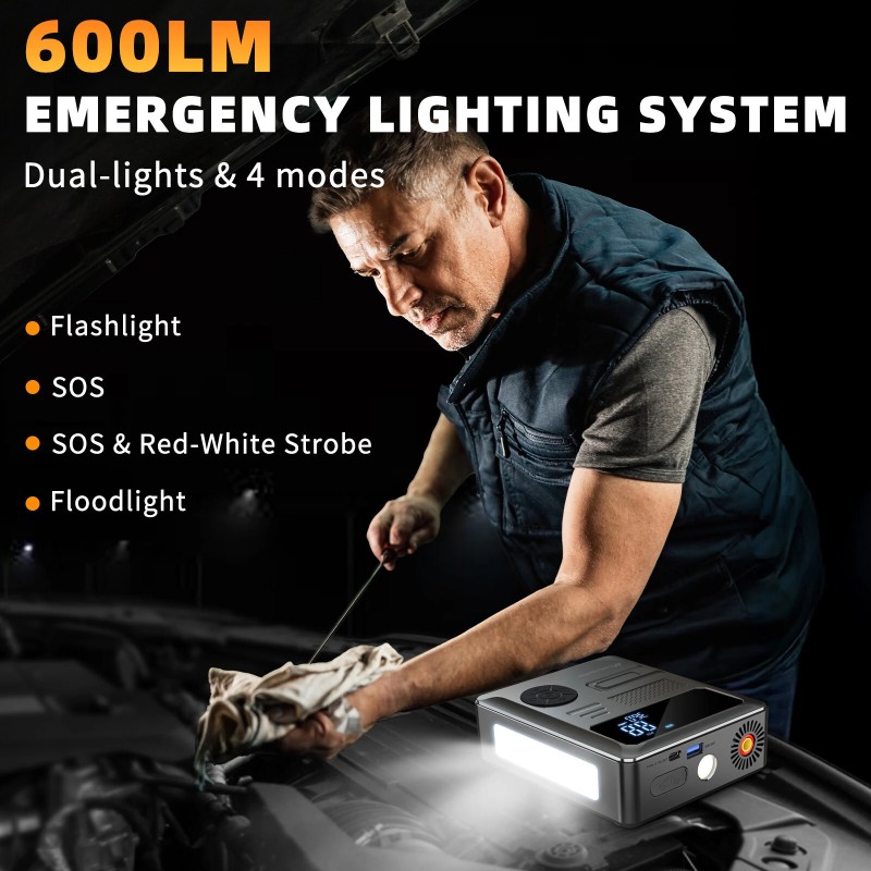 Mudiro 6000 A apukäynnistin ilmakompressorilla 150 PSI:n 30 W pikalataus 2 LED-valoa älykäs näyttö autoihin