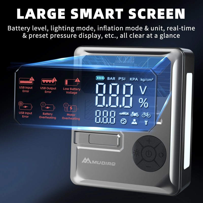 Mudiro 6000 A apukäynnistin ilmakompressorilla 150 PSI:n 30 W pikalataus 2 LED-valoa älykäs näyttö autoihin