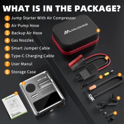 Mudiro 6000 A apukäynnistin ilmakompressorilla 150 PSI:n 30 W pikalataus 2 LED-valoa älykäs näyttö autoihin