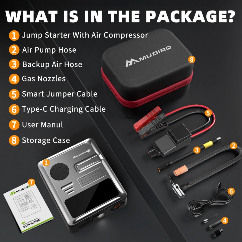Mudiro 6000 A apukäynnistin ilmakompressorilla 150 PSI:n 30 W pikalataus 2 LED-valoa älykäs näyttö autoihin