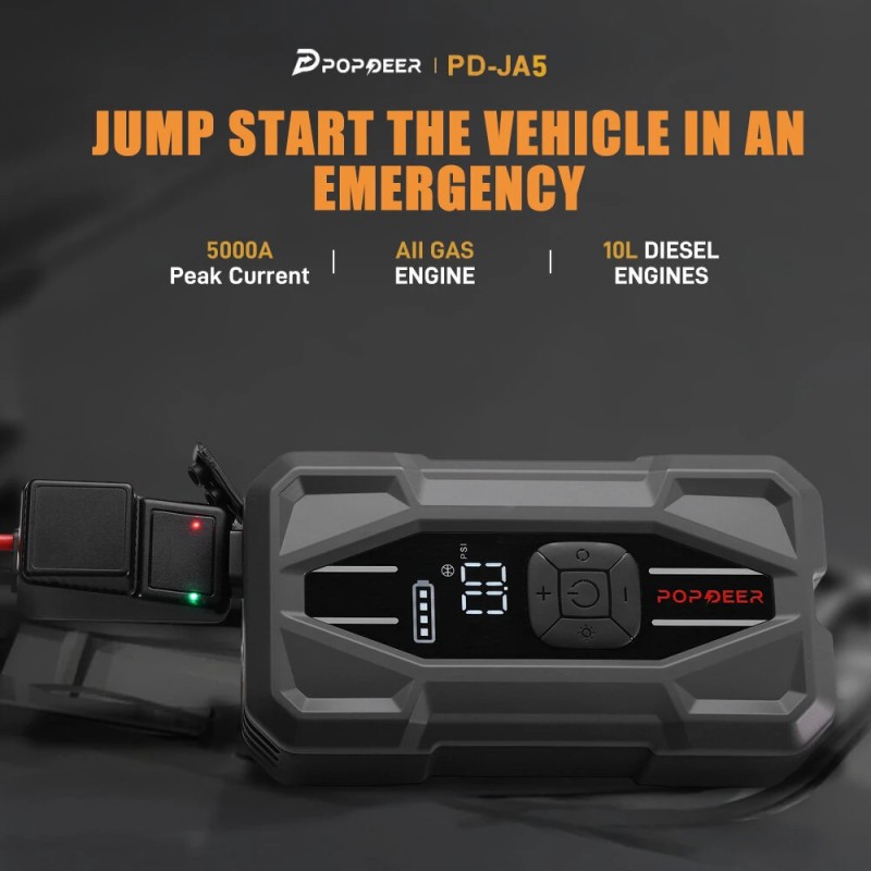 POPDEER PD-JA5 apukäynnistin 5000A ilmakompressori 150psi rengaspumppu PD30W USB-C pikalataus näyttö taskulamppu säilytyskotelo