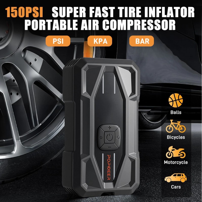 POPDEER PD-JA5 apukäynnistin 5000A ilmakompressori 150psi rengaspumppu PD30W USB-C pikalataus näyttö taskulamppu säilytyskotelo