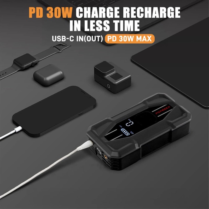 POPDEER PD-JA5 apukäynnistin 5000A ilmakompressori 150psi rengaspumppu PD30W USB-C pikalataus näyttö taskulamppu säilytyskotelo