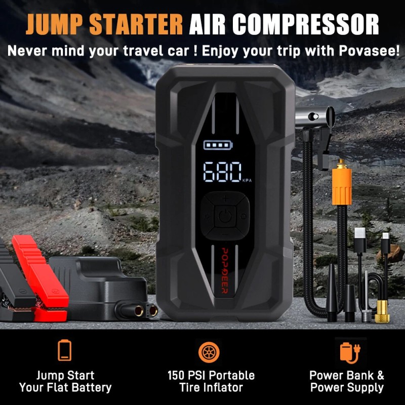 POPDEER PD-JA5 apukäynnistin 5000A ilmakompressori 150psi rengaspumppu PD30W USB-C pikalataus näyttö taskulamppu säilytyskotelo