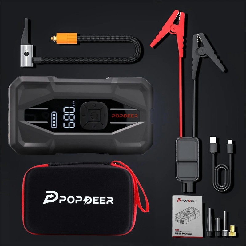 POPDEER PD-JA5 apukäynnistin 5000A ilmakompressori 150psi rengaspumppu PD30W USB-C pikalataus näyttö taskulamppu säilytyskotelo