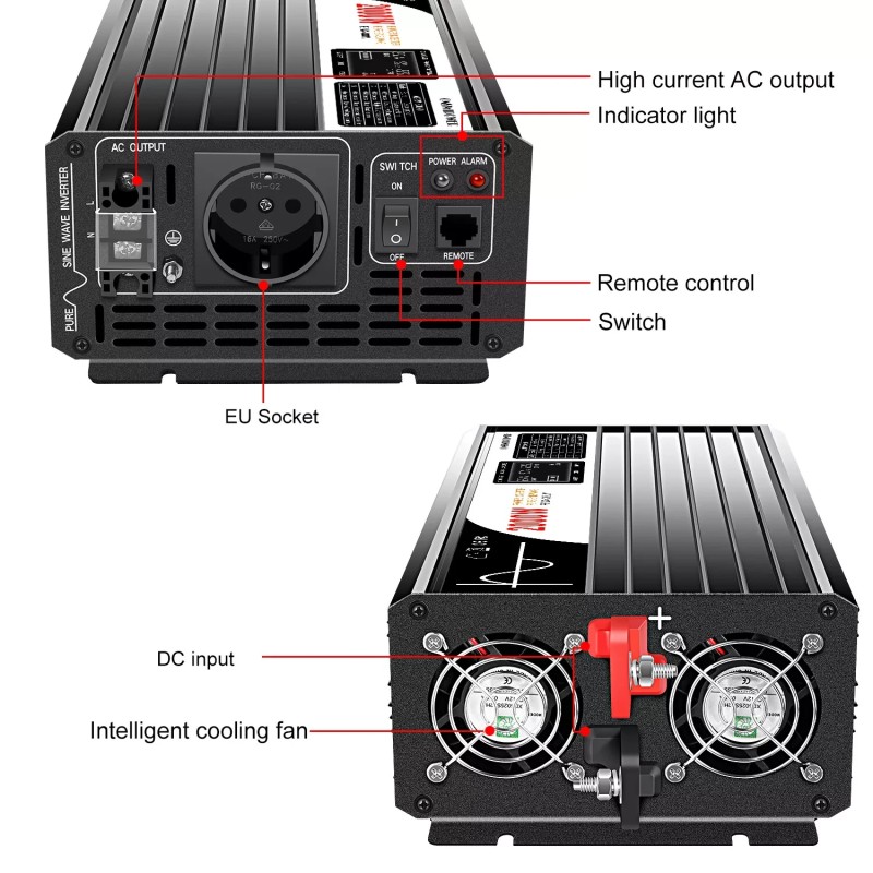 Puhdas siniaaltoinvertteri SP24/2000L 2000W 24V–230V korkean hyötysuhteen verkosta riippumaton turvallinen elektroniikalle