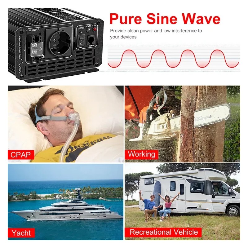 Puhdas siniaaltoinvertteri SP12/230-1500L 1500W jatkuvateho 3000W huipputeho 12V–230V 50Hz korkea hyötysuhde suojaus