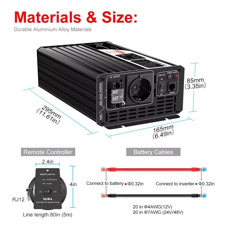 Puhdas siniaaltoinvertteri SP12/230-1500L 1500W jatkuvateho 3000W huipputeho 12V–230V 50Hz korkea hyötysuhde suojaus