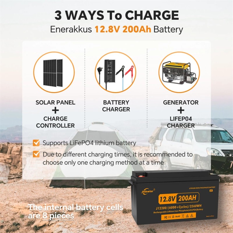 JSDSOLAR 12V 200Ah litium-rautafosfaattiakku Bluetoothilla yli 8000 sykliä veneeseen ja matkailuautoon