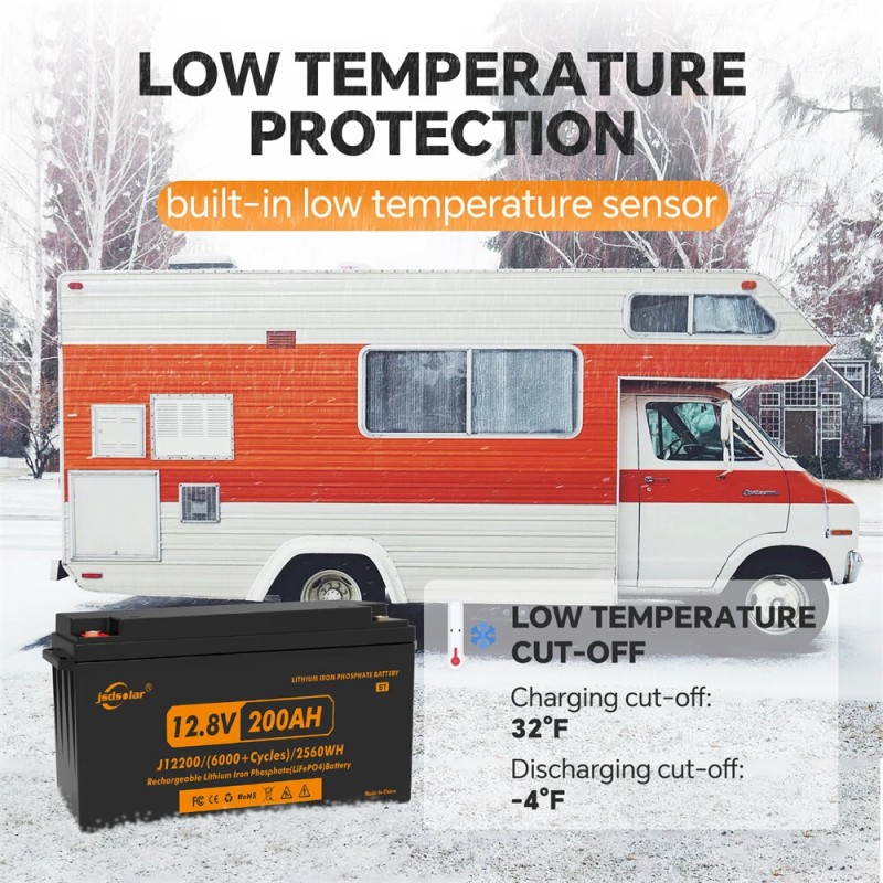 JSDSOLAR 12V 200Ah litium-rautafosfaattiakku Bluetoothilla yli 8000 sykliä veneeseen ja matkailuautoon
