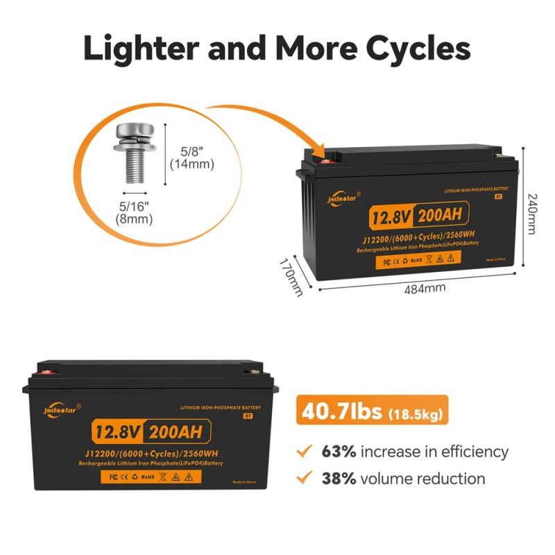 JSDSOLAR 12V 200Ah litium-rautafosfaattiakku Bluetoothilla yli 8000 sykliä veneeseen ja matkailuautoon