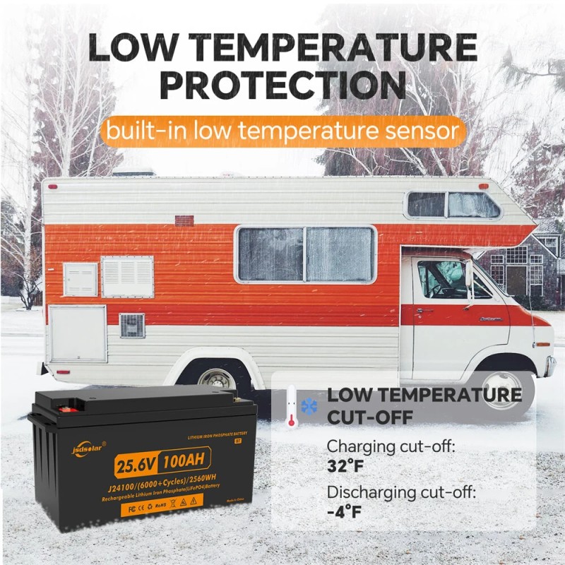 JSDSOLAR 24 voltin 100 Ah LiFePO4-akkupaketti Bluetoothilla yli 8000 sykliä veneeseen ja asuntoautoon