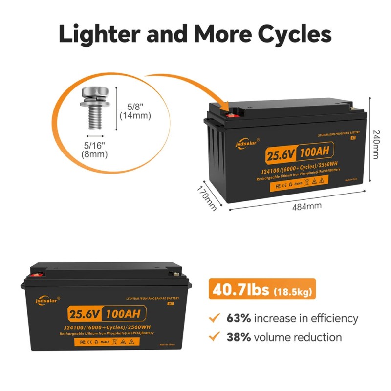 JSDSOLAR 24 voltin 100 Ah LiFePO4-akkupaketti Bluetoothilla yli 8000 sykliä veneeseen ja asuntoautoon