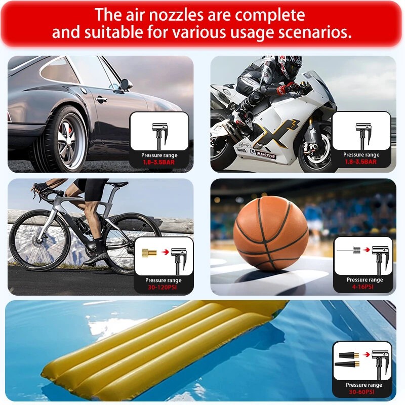 TUERBB T-N1 kannettava apukäynnistin ja ilmakompressori 88W 22 mm sylinteri 12V säädettävä paine LED