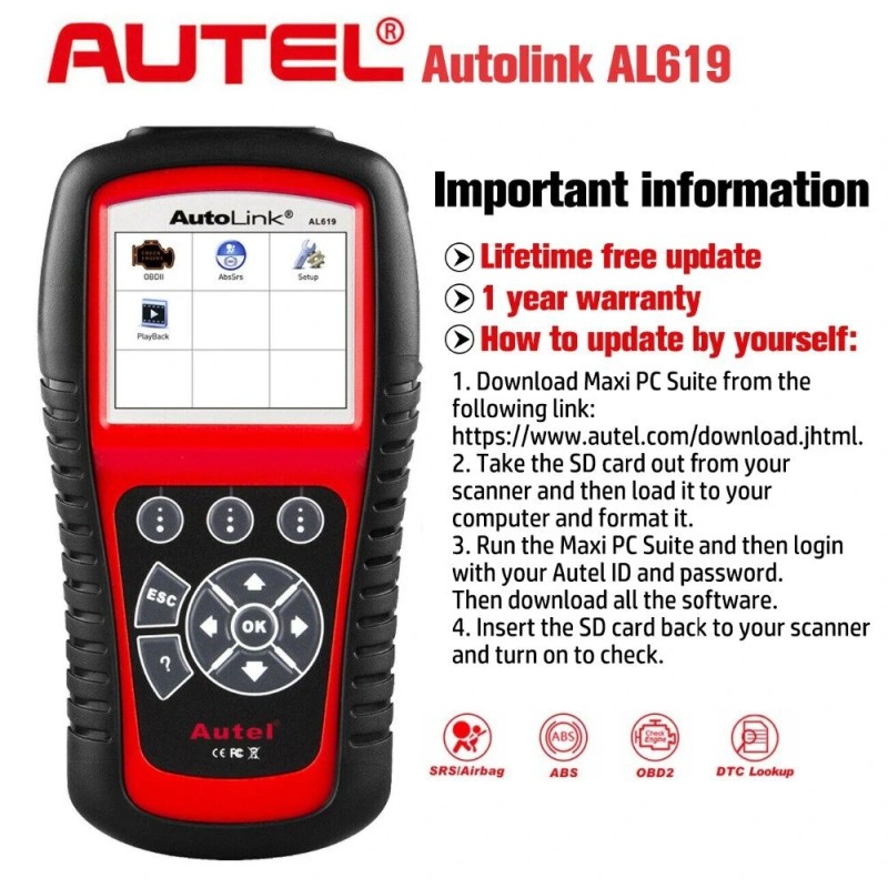Autel AL619 autodiagnostiikkalaite OBDII-skanneri ABS/SRS-diagnoosi monikielinen näyttö TF-muistikortti USB-kaapeli