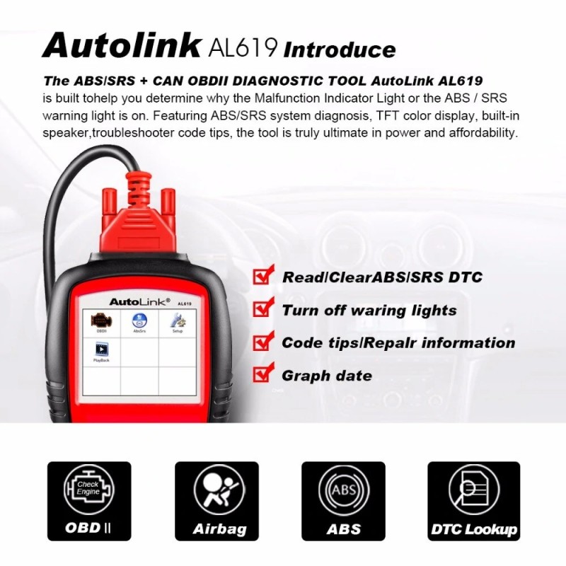 Autel AL619 autodiagnostiikkalaite OBDII-skanneri ABS/SRS-diagnoosi monikielinen näyttö TF-muistikortti USB-kaapeli