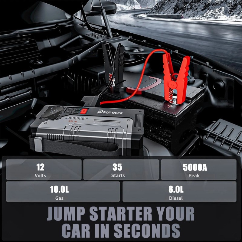 POPDEER PD-JA1 20000mAh 5000A ammattimainen kannettava hätäkäynnistin ilmapumpulla