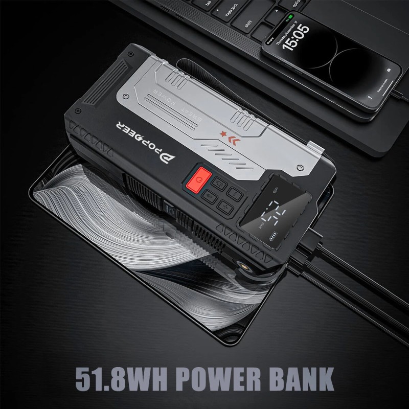 POPDEER PD-JA1 20000mAh 5000A ammattimainen kannettava hätäkäynnistin ilmapumpulla