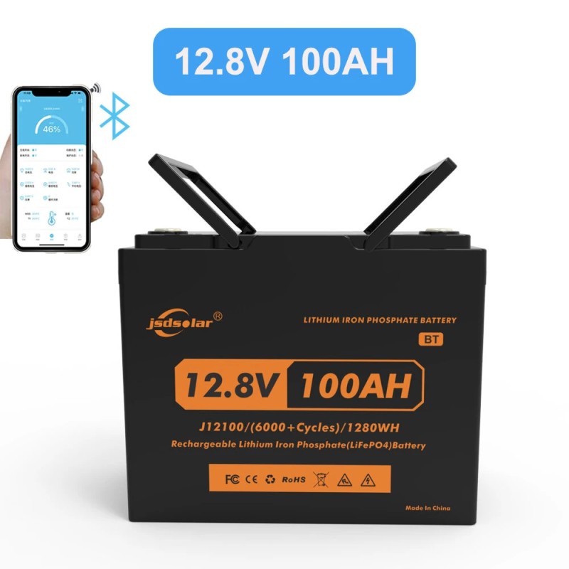 JSDSOLAR 12 voltin 100 ampeeritunnin litiumrautafosfaattiakku bluetoothilla yli 6000 sykliä veneelle ja asuntoautoon