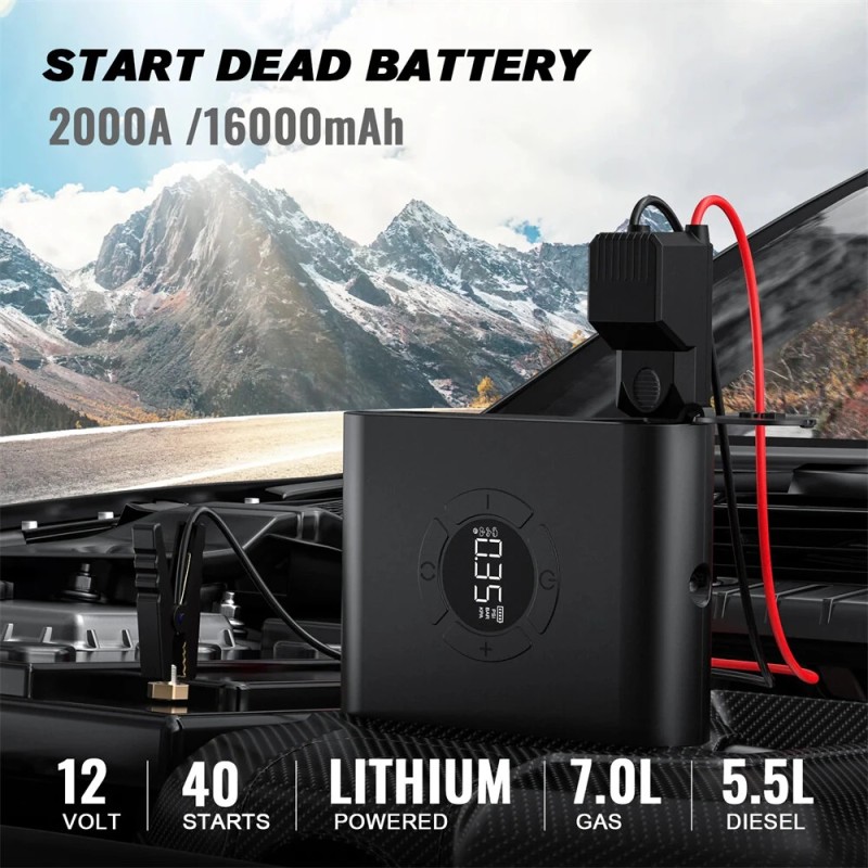 Kannettava 2000A apukäynnistin ja ilmakompressori 150PSI 16000mAh varavirtapankki led-taskulamppu