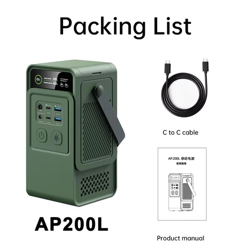 AP200L kannettava varavirtalähde 192Wh 200W teho aurinkopaneelille yhteensopiva 6-porttinen sisäänvedettävä LED-valo retkeilyyn