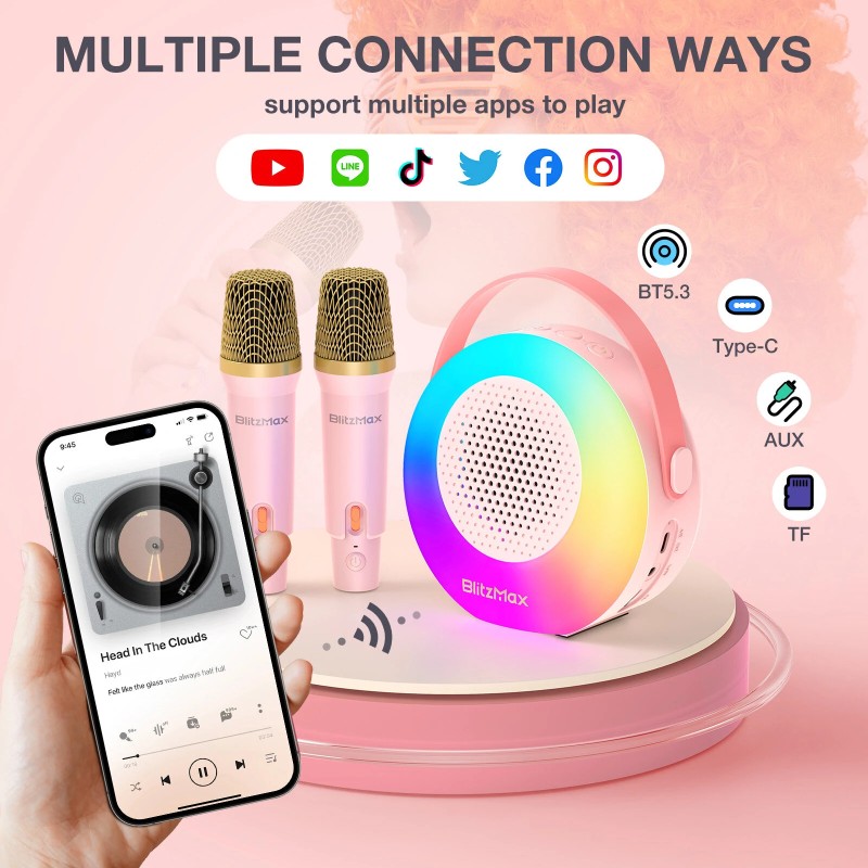 BlitzMax BM-K10 lasten kannettava karaokekaiutin bluetooth kaksi langatonta mikrofonia rgb-valot