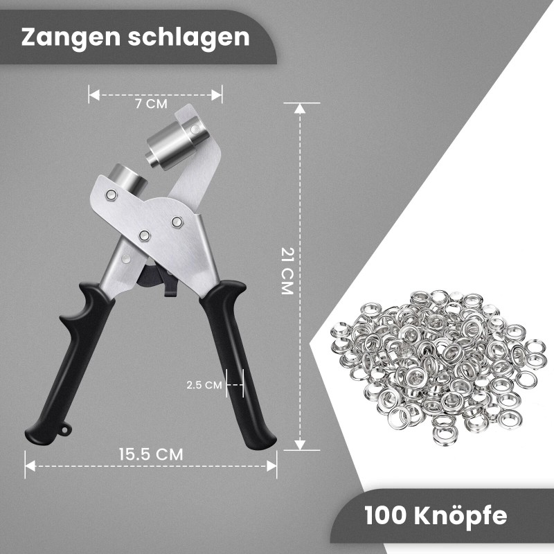 Sata painiketta sisältävät puristuspihdit kankaan rei'itykseen ja nappien kiinnitykseen