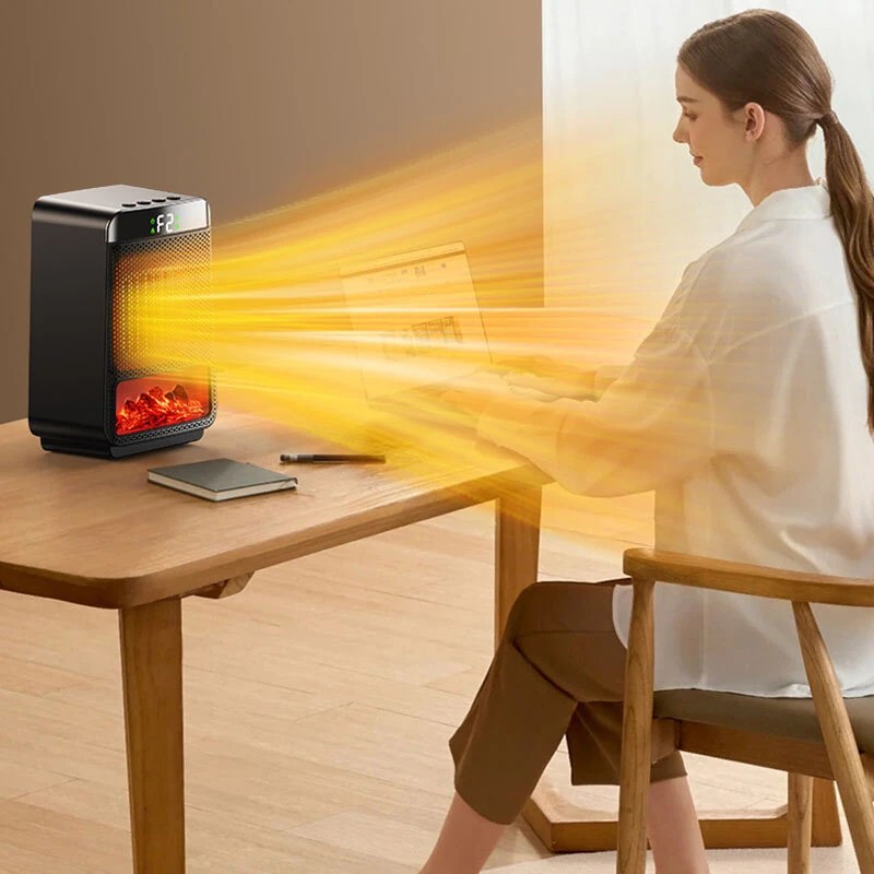 Kannettava pöytäliekkilämmitin 1500-wattinen nopea lämmitys ajastin valoefekteillä