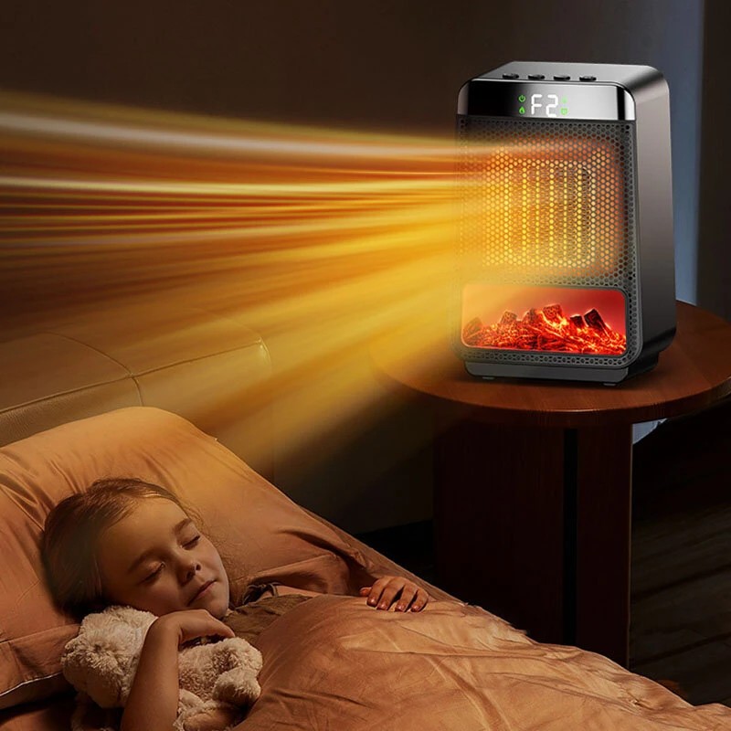 Kannettava pöytäliekkilämmitin 1500-wattinen nopea lämmitys ajastin valoefekteillä