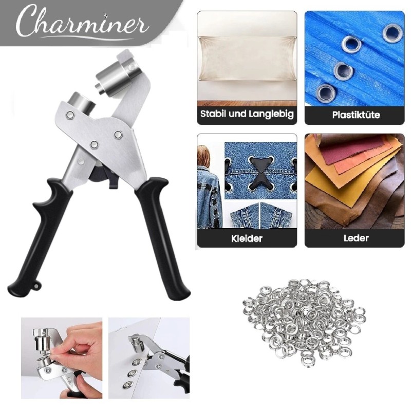 Sata painiketta sisältävät puristuspihdit kankaan rei'itykseen ja nappien kiinnitykseen