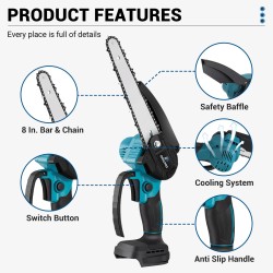 Drillpro 8-tuumainen sähkömoottorisaha 3000W harjaton kuparimoottori 18V yhteensopiva 7500mAh akku