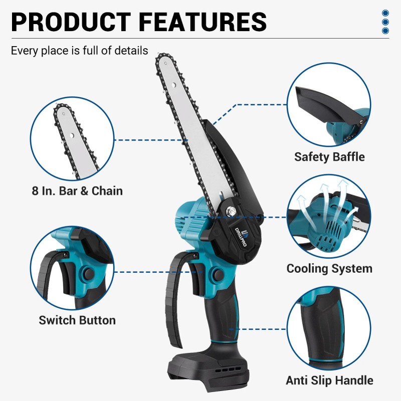 Drillpro 8-tuumainen sähkömoottorisaha 3000W harjaton kuparimoottori 18V yhteensopiva 7500mAh akku