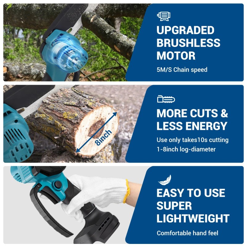 Drillpro 8-tuumainen sähkömoottorisaha 3000W harjaton kuparimoottori 18V yhteensopiva 7500mAh akku