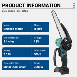 Drillpro akkukäyttöinen ketjusaha 3000 watin 18 voltin 8-tuumainen harjaton korkeanopeuksinen yhteensopiva akkujen kanssa