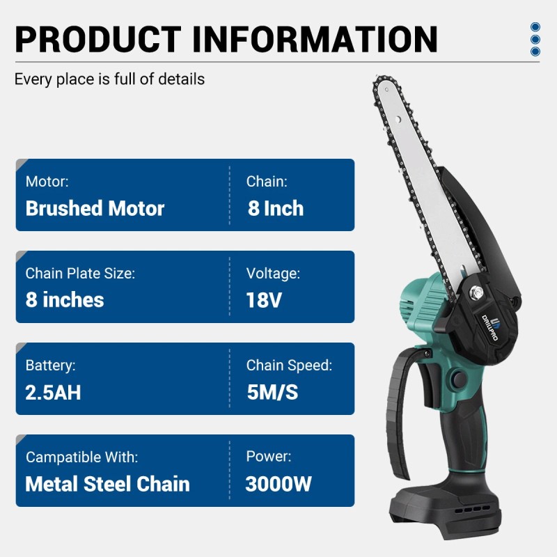Drillpro akkukäyttöinen ketjusaha 3000 watin 18 voltin 8-tuumainen harjaton korkeanopeuksinen yhteensopiva akkujen kanssa