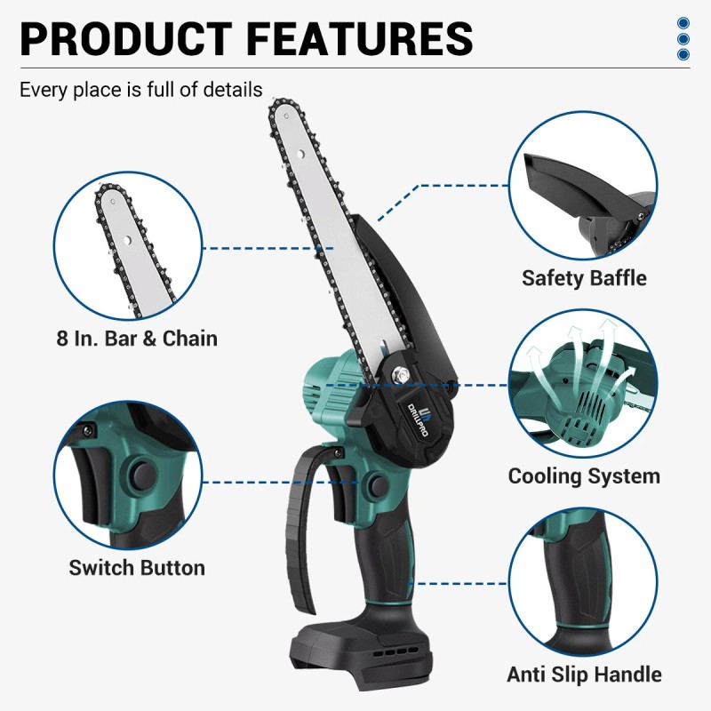 Drillpro akkukäyttöinen ketjusaha 3000 watin 18 voltin 8-tuumainen harjaton korkeanopeuksinen yhteensopiva akkujen kanssa