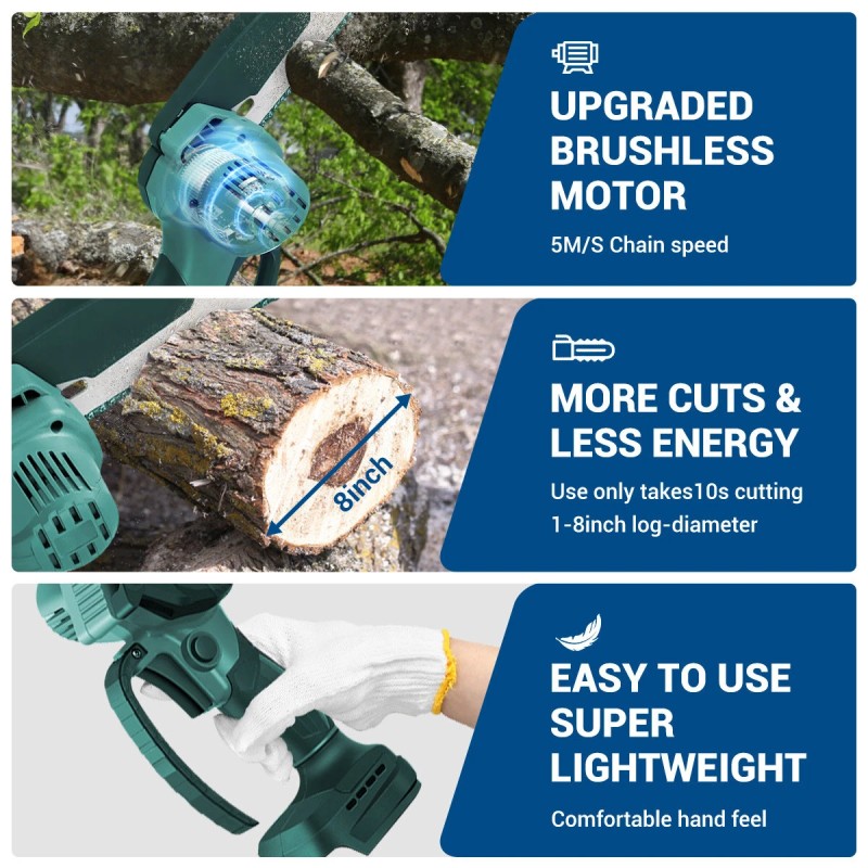 Drillpro akkukäyttöinen ketjusaha 3000 watin 18 voltin 8-tuumainen harjaton korkeanopeuksinen yhteensopiva akkujen kanssa