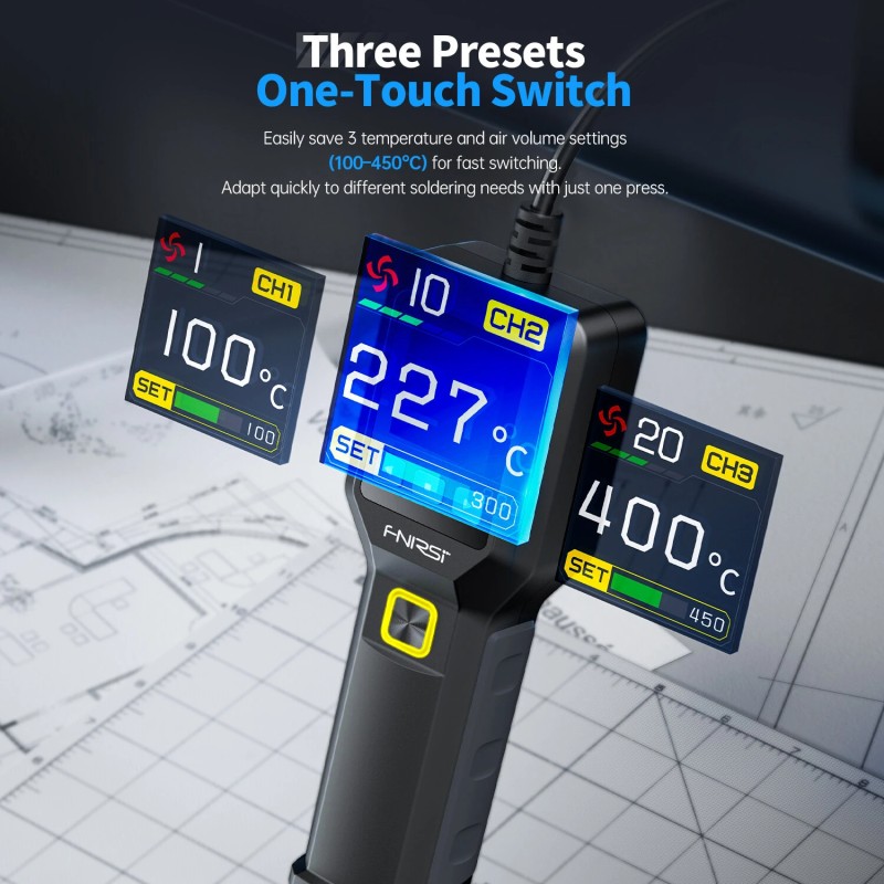 FNIRSI SAG-55 käsikäyttöinen kuumailmapistooli 550W PID-säätö 100–450°C 20-tasoinen ilmavirtaus